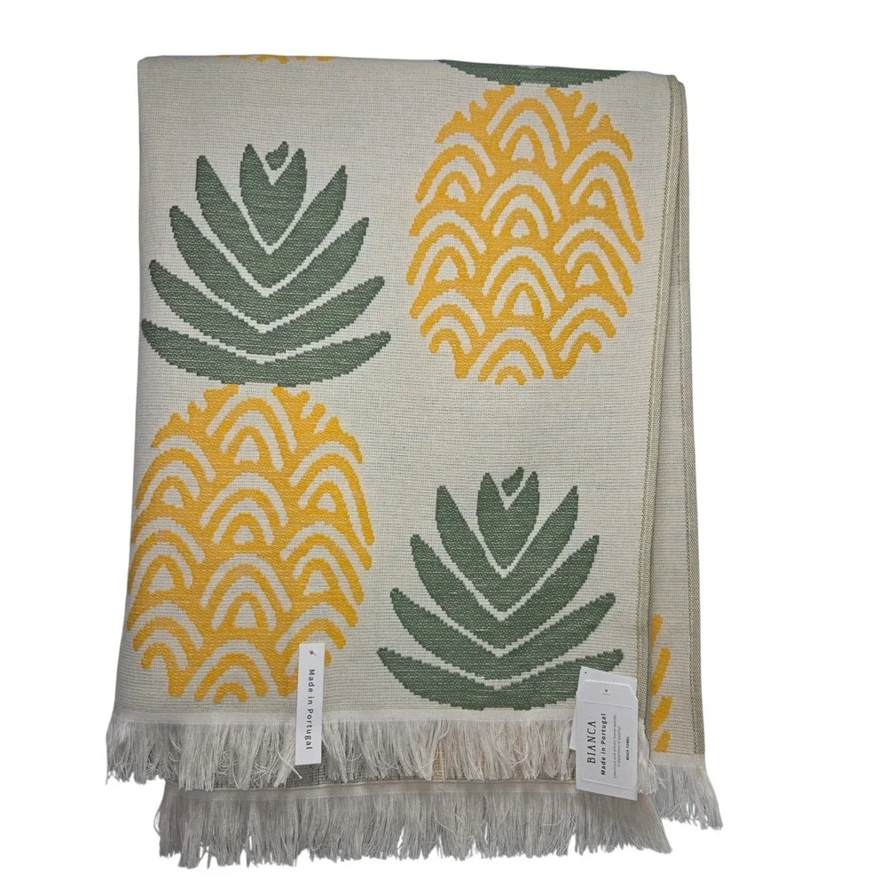 Bianca Pineapple Cotton Beach Towel Yellow Green Jacquard Weave Made in Portugal